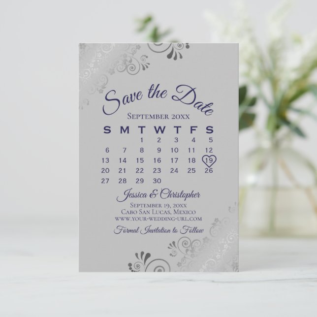 Navy Blue on Gray Silver Curls Wedding Calendar Save The Date (Standing Front)