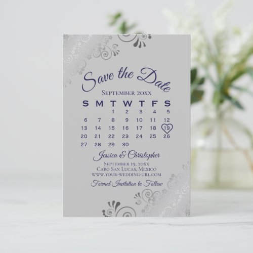 Navy Blue on Gray Silver Curls Wedding Calendar Save The Date