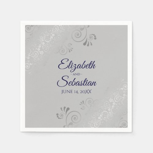 Navy Blue on Gray Silver Frills Elegant Wedding Napkins