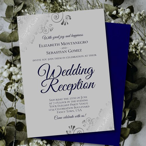 Navy Blue on Gray Silver Frills Wedding Reception Invitation