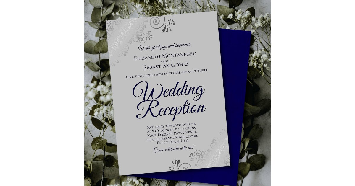 Navy Blue on Gray Silver Frills Wedding Reception Invitation | Zazzle