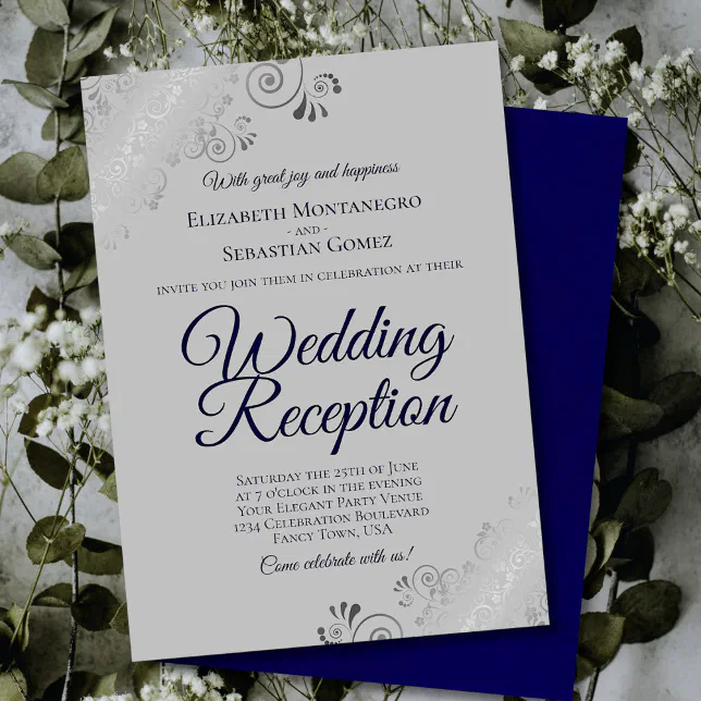 Navy Blue on Gray Silver Frills Wedding Reception Invitation | Zazzle
