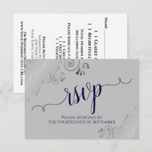 Navy Blue on Gray Silver Lace Calligraphy Wedding RSVP Card