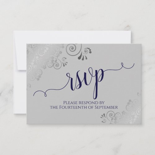 Navy Blue on Gray Silver Lace Calligraphy Wedding RSVP Card