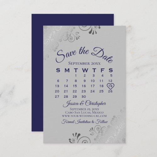Navy Blue on Gray Silver Lace Wedding Calendar Save The Date