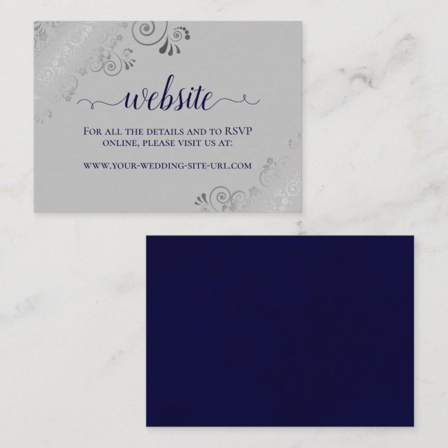 Navy Blue on Gray with Silver Lace Wedding Website Enclosure Card (Front/Back)