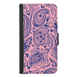 Navy-Blue On Pink Paisley Damasks Lace Samsung Galaxy S5 Wallet Case