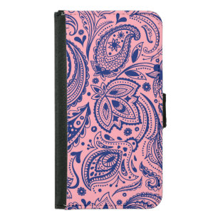 Navy-Blue On Pink Paisley Damasks Lace Samsung Galaxy S5 Wallet Case
