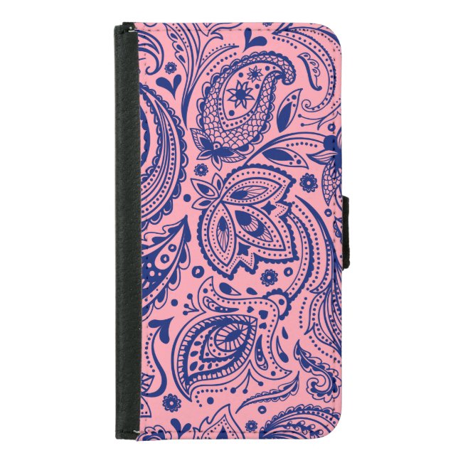 Navy-Blue On Pink Paisley Damasks Lace Samsung Galaxy Wallet Case (Front)
