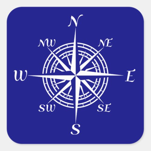 Navy Blue On White Coastal Compass Rose Square Sticker