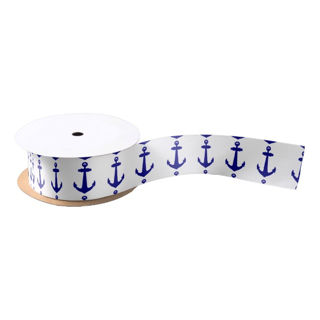 Navy Blue On White Coastal Decor Anchor Satin Ribbon (Spool)