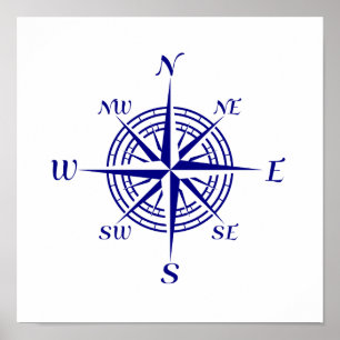 Navy Blue On White Coastal Decor Compass Rose