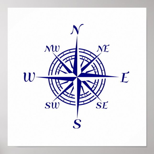 Navy Blue On White Coastal Decor Compass Rose (Front)