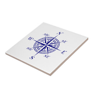 Navy Blue On White Coastal Decor Compass Rose Ceramic Tile