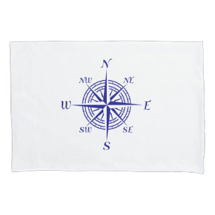 Navy Blue On White Coastal Decor Compass Rose Pillow Case