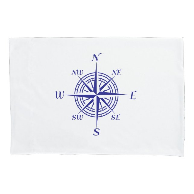 Navy Blue On White Coastal Decor Compass Rose Pillow Case (Front)