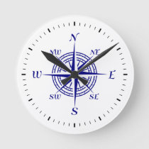 Navy Blue On White Coastal Decor Compass Rose Round Clock