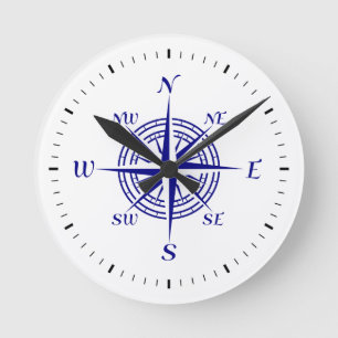 Navy Blue On White Coastal Decor Compass Rose Round Clock
