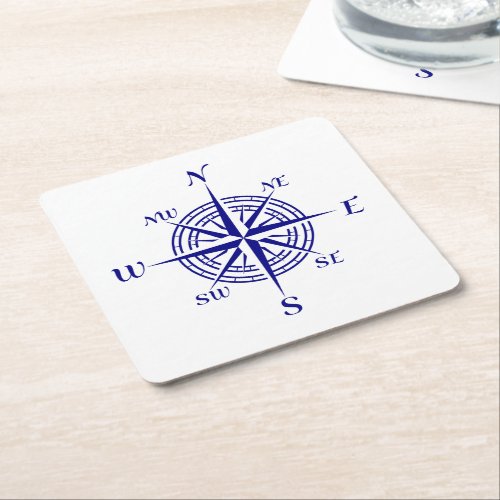 Navy Blue On White Coastal Decor Compass Rose Square Paper Coaster
