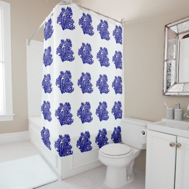 Navy Blue On White Coastal Decor Coral Shower Curtain (In Situ)