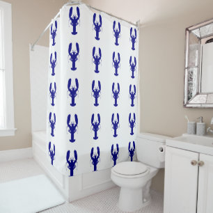 Navy Blue On White Coastal Decor Lobster Shower Curtain