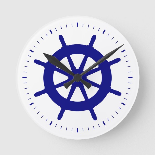 Navy Blue On White Coastal Decor Ship Wheel Round Clock (Front)