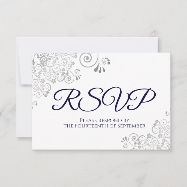 Navy Blue on White Elegant Silver Lace Wedding RSVP Card (Front)