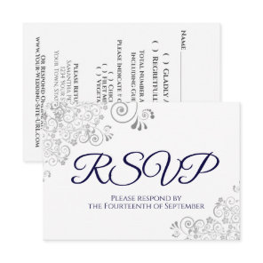 Navy Blue on White Elegant Silver Lace Wedding RSVP Card