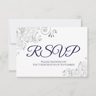 Navy Blue on White Elegant Silver Lace Wedding RSVP Card