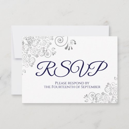 Navy Blue on White Elegant Silver Lace Wedding RSVP Card