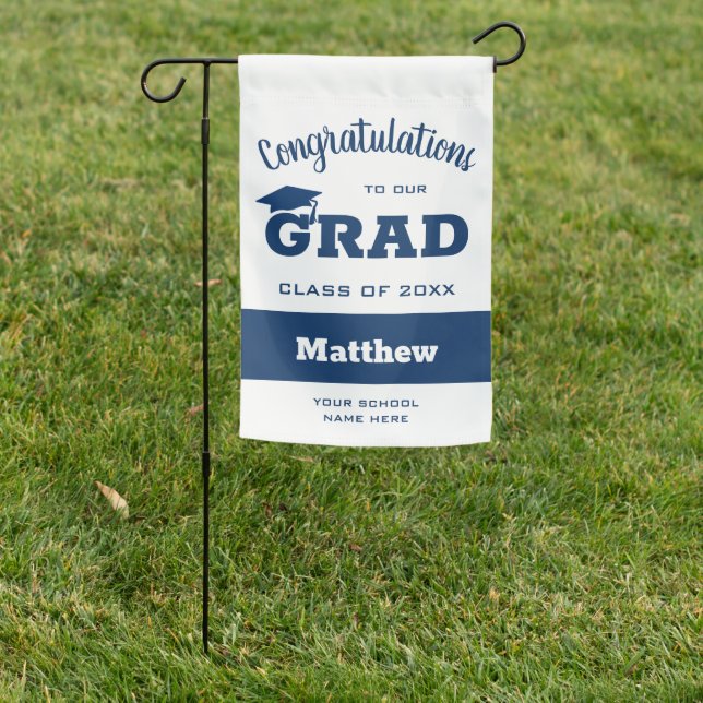Navy Blue on White Graduation Garden Flag (In SItu)