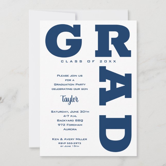 Navy Blue on White Graduation Party Invitation (Front)