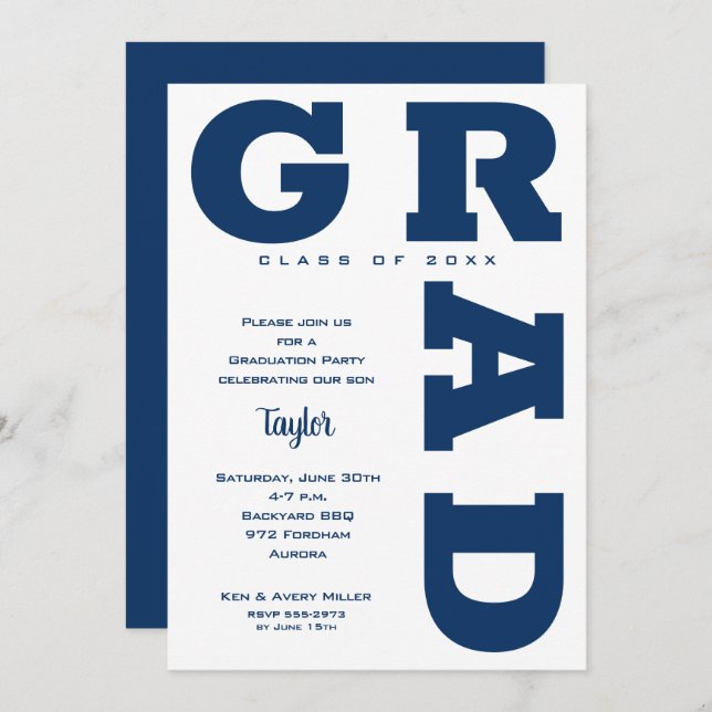 Navy Blue on White Graduation Party Invitation (Front/Back)