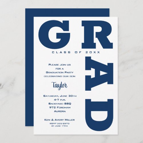 Navy Blue on White Graduation Party Invitation