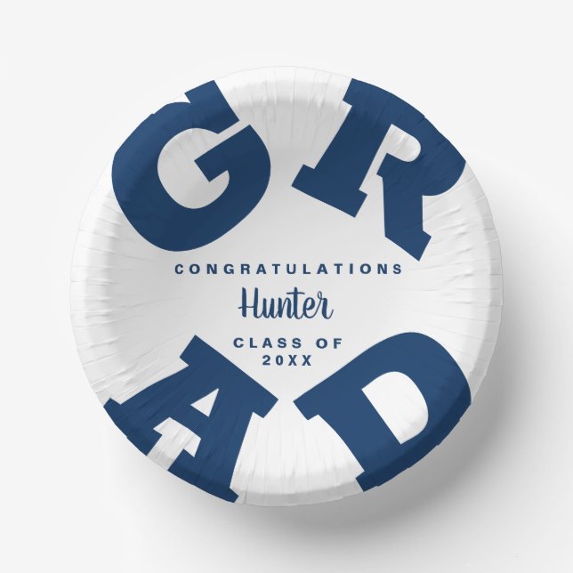 Navy Blue on White Graduation Personalized Paper Bowls (Front)
