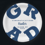 Navy Blue on White Graduation Personalized Paper Plates<br><div class="desc">GRAD in bold navy blue lettering curves around the edges of these white graduation party paper plates - available in 2 sizes. Congratulations above the name of your graduate and the Class of below. The perfect addition to your table decor for upcoming grad parties. CHANGE THE COLORS to anything! **TIP:...</div>