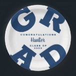 Navy Blue on White Graduation Personalized Paper Plates<br><div class="desc">GRAD in bold navy blue lettering curves around the edges of these white graduation party paper plates - available in 2 sizes. Congratulations above the name of your graduate and the Class of below. The perfect addition to your table decor for upcoming grad parties. CHANGE THE COLORS to anything! **TIP:...</div>