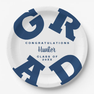 Navy Blue on White Graduation Personalized Paper Plates