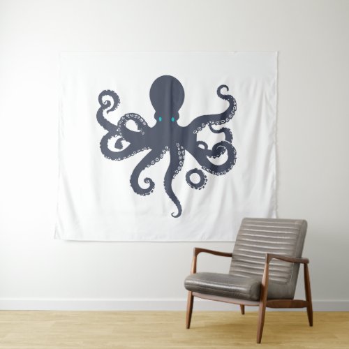 Navy_blue On White Octopus Illustration Tapestry