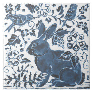 Navy Blue on White Rabbit Bird Leaf Asian Art Deco Ceramic Tile