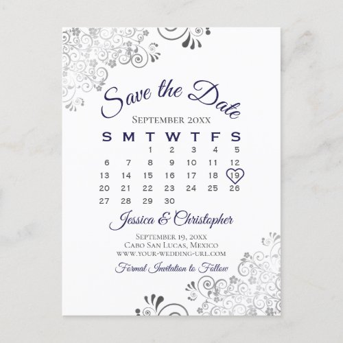 Navy Blue on White Wedding Save the Date Calendar Announcement Postcard