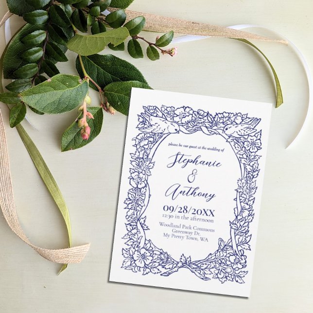 Navy Blue on White Wildflower Bird Drawing Wedding Invitation (Creator Uploaded)