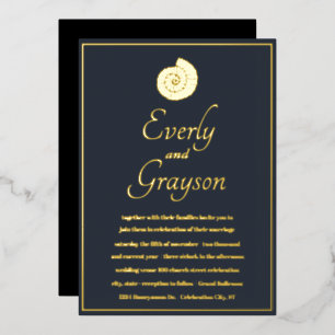 Navy Blue Opulence Seashell Beach Gold Wedding Foil Invitation