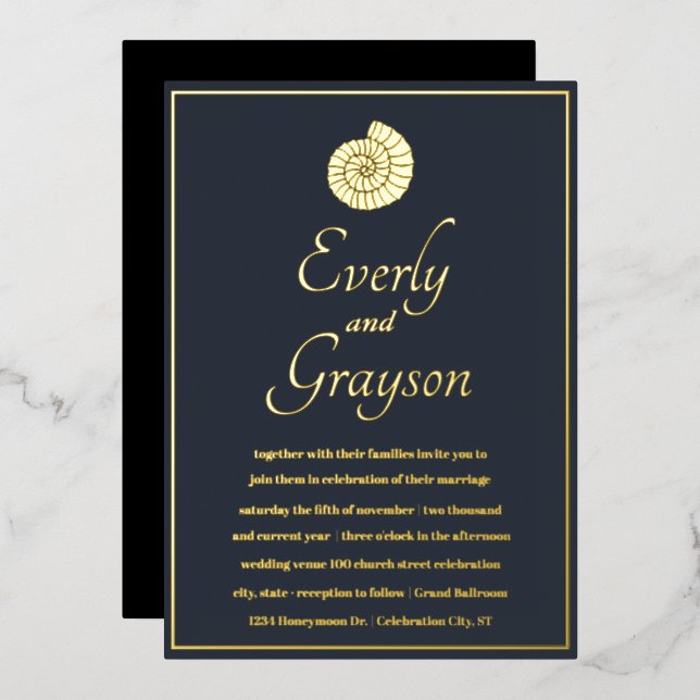 Navy Blue Opulence Seashell Beach Gold Wedding     Foil Invitation (Front/Back)