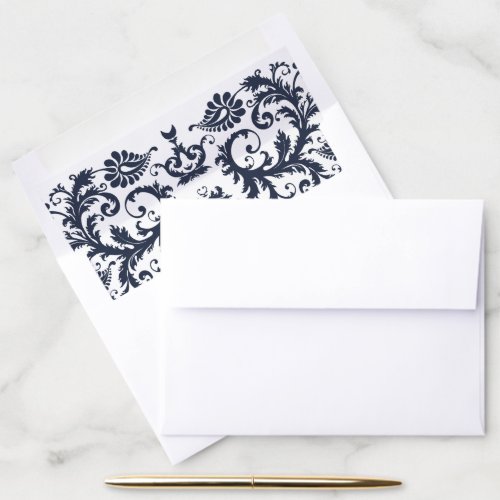 Navy Blue Opulence Victorian Damask Wedding  Envelope Liner