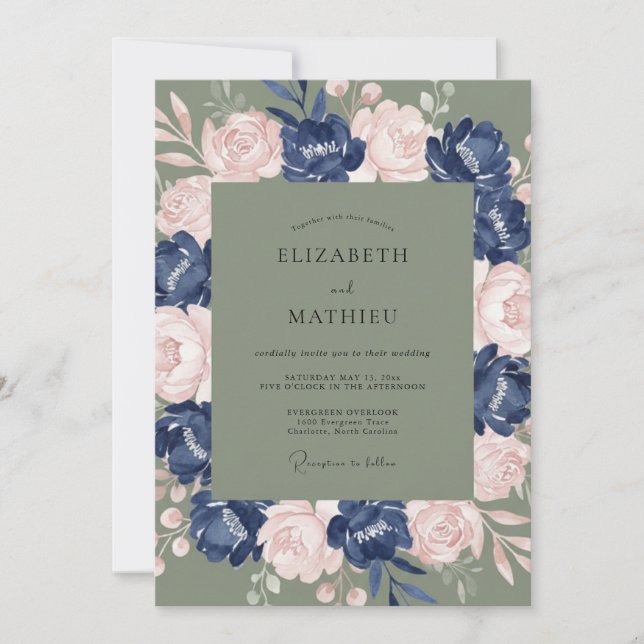 Navy Blue Opulent Botanical Wedding Invitation (Front)