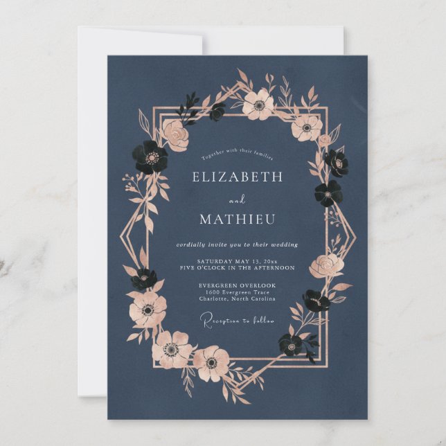 Navy Blue Opulent Evening Wedding Invitation (Front)