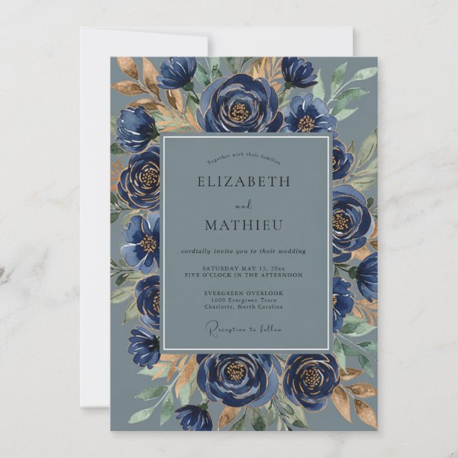 Navy Blue Opulent Winter Wedding Invitation (Front)