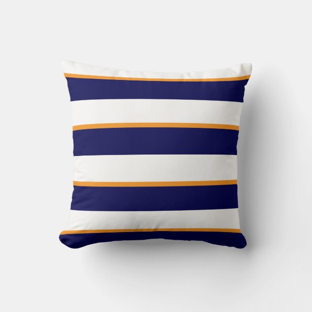 Navy Blue, Orange and Large White Stripes Throw Pillow (Front)