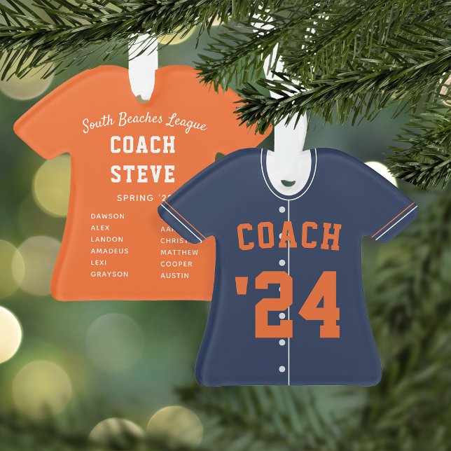 Navy Blue & Orange Baseball Coach Team Jersey Ornament (Creator Uploaded)